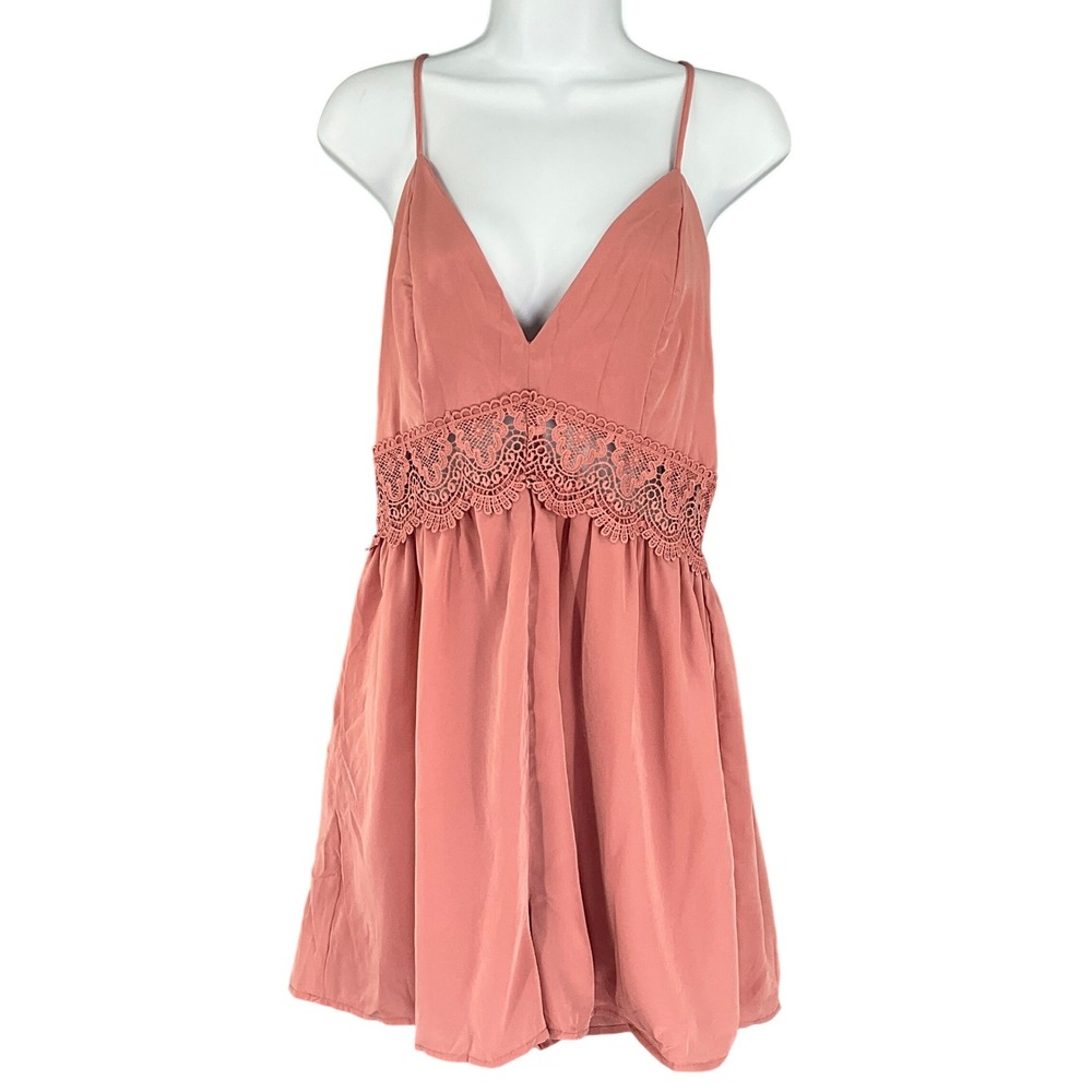 Love Tree Lace Trimmed Camisole Romper Pink‎ Crocheted Back M Romantic Feminine